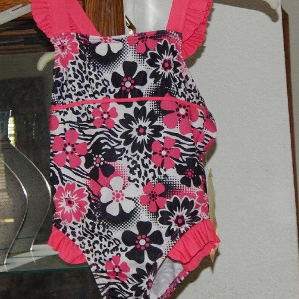 NWT PENELOPE MACK Hot Pink Black White Swim Suit 24 mos UPF 50+